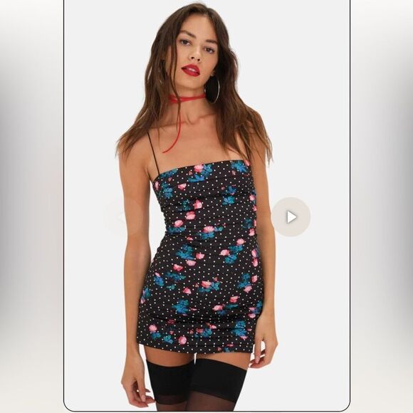 NWT For Love and Lemons posey mini dress black pink satin gloves M - Picture 2 of 13